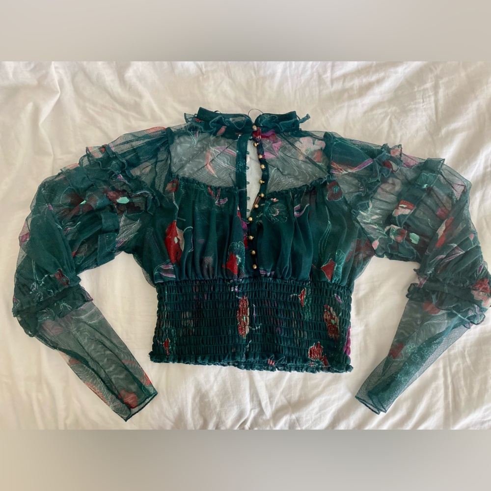 Free People Forest Green Lace Top